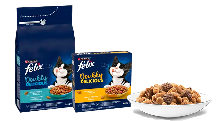 Dvě balení granulí Felix® Doubly Delicious a miska s granulemi