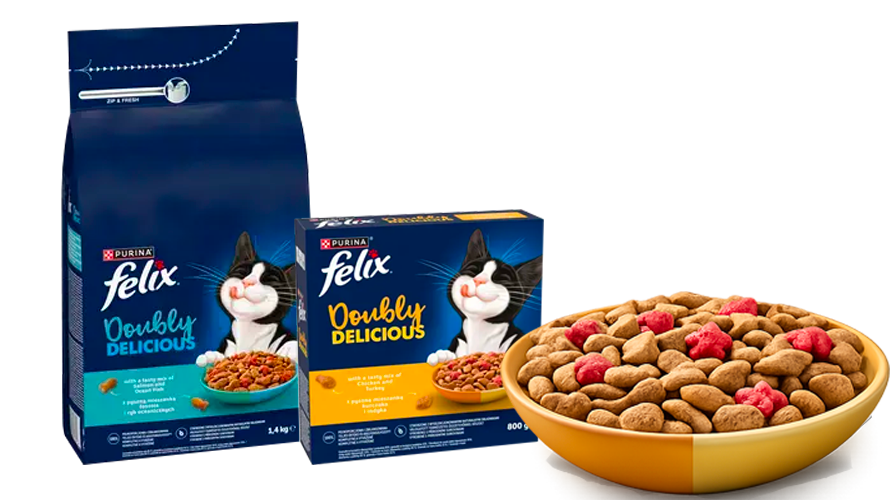 Produkty Felix® Doubly Delicious a miska granulí