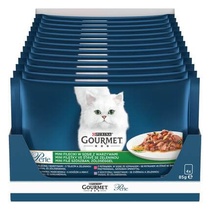 GOURMET PERLE Multipack mini filetky teľacie so zeleninou/zverina so zeleninou/hovädzie s mrkvou/pstruh so špenatom v šťave