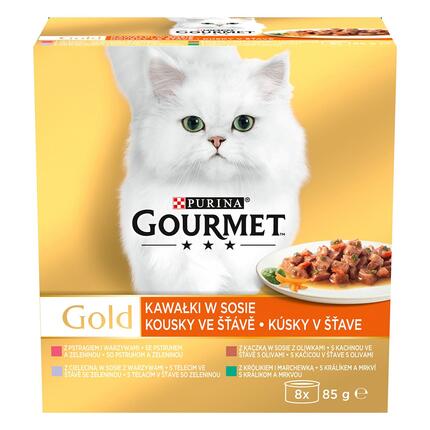 GOURMET GOLD Multipack kačica s olivami/teľacim so zeleninou/pstruh so zeleninou/králik s mrkvou v šťave