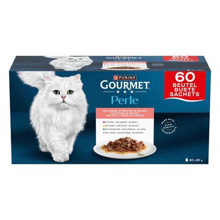 Gourmet Perle kapsičky pre mačky hovädzie, kura, králik, losos v šťave