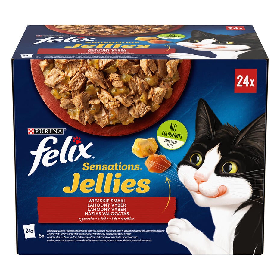 FELIX Sensations Jellies Multipack hovädzie s rajčinami/ kura s mrkvou/ kačica/ jahňacie v och. želé 24x85g