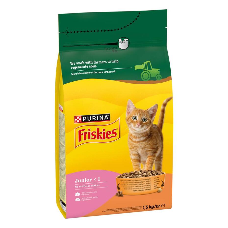 Friskies Junior granuly pre mačiatka kura a morka, s mliekom, zelenina