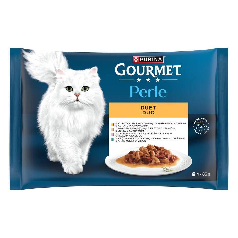 Gourmet Perle DUO kapsičky pre mačky kura a hovädzie, morka a jahňacie, teľacie a kačica, králik a divina