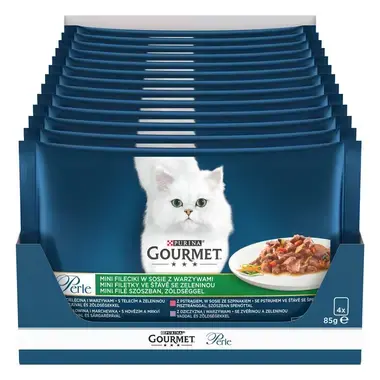 GOURMET PERLE Multipack mini filetky teľacie so zeleninou/zverina so zeleninou/hovädzie s mrkvou/pstruh so špenatom v šťave