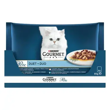 GOURMET PERLE Duo Multipack losos s treskou/morske ryby s tuniakem/losos s belomäsymi rybami/sardinky s tuniakem