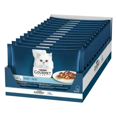GOURMET PERLE Duo Multipack losos s treskou/morske ryby s tuniakem/losos s belomäsymi rybami/sardinky s tuniakem