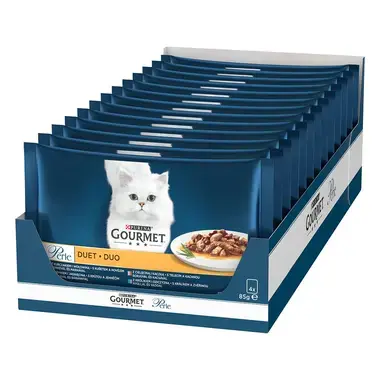 GOURMET PERLE Duo Multipack kura s hovädzim/morka s jahňacim/teľacie s kačicou/kralik so zverinou