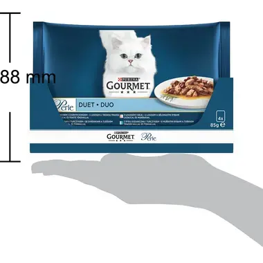 GOURMET PERLE Duo Multipack losos s treskou/morske ryby s tuniakem/losos s belomäsymi rybami/sardinky s tuniakem