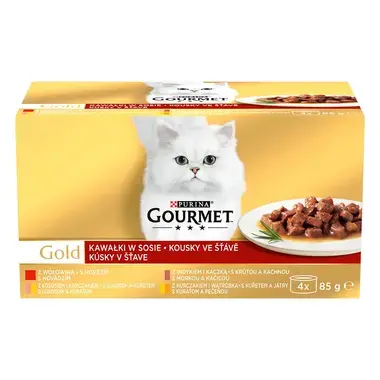 GOURMET GOLD Multipack hovädzie/morka s kačicou/losos s kuraťom/kura s pečeňou v šťave