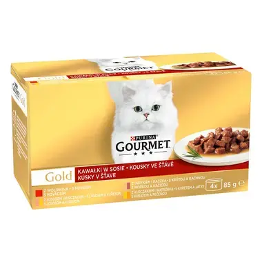 GOURMET GOLD Multipack hovädzie/morka s kačicou/losos s kuraťom/kura s pečeňou v šťave