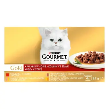 GOURMET GOLD Multipack hovädzie/morka s kačicou/losos s kuraťom/kura s pečeňou v šťave