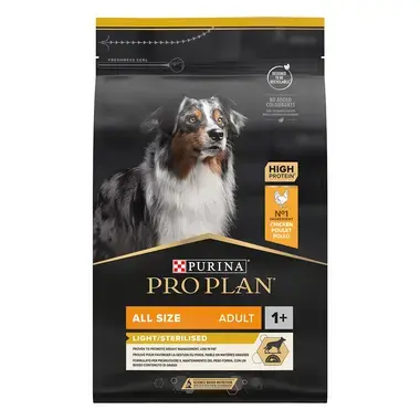 PRO PLAN ALL SIZES ADULT LIGHT STERILISED granule pre psov s kuraťom