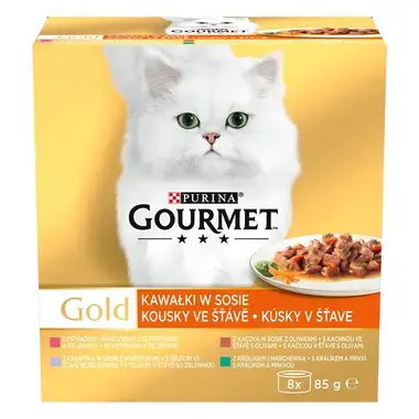 GOURMET GOLD Multipack kačica s olivami/teľacim so zeleninou/pstruh so zeleninou/králik s mrkvou v šťave