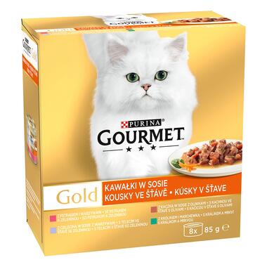 GOURMET GOLD Multipack kačica s olivami/teľacim so zeleninou/pstruh so zeleninou/králik s mrkvou v šťave