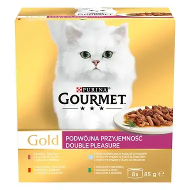 GOURMET GOLD Multipack hovädzie s kuraťom/králik s pečeňou/morské ryby so špenatom/kačica s morkou