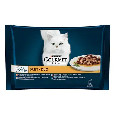 GOURMET PERLE Duo Multipack kura s hovädzim/morka s jahňacim/teľacie s kačicou/kralik so zverinou