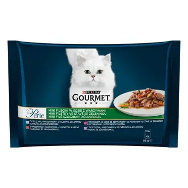 GOURMET PERLE Multipack mini filetky teľacie so zeleninou/zverina so zeleninou/hovädzie s mrkvou/pstruh so špenatom v šťave
