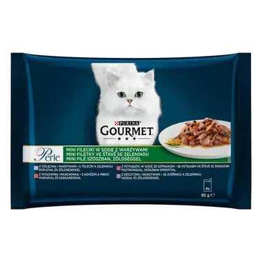 GOURMET PERLE Multipack mini filetky teľacie so zeleninou/zverina so zeleninou/hovädzie s mrkvou/pstruh so špenatom v šťave