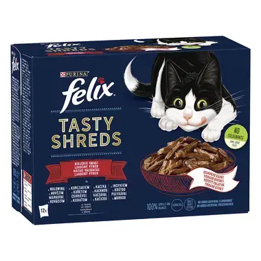 FELIX Tasty Shreds Multipack hovädzie/kura/kačica/morka v šťave 12x80g