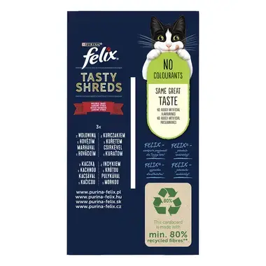 FELIX Tasty Shreds Multipack hovädzie/kura/kačica/morka v šťave 12x80g