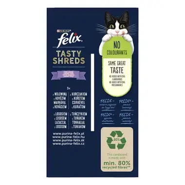 FELIX Tasty Shreds Multipack hovädzie/kura/losos/tuniak v šťave 12x80g