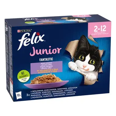 FELIX Fantastic Junior Multipack hovädzie, kura, sardinky, losos v želé 12x85g