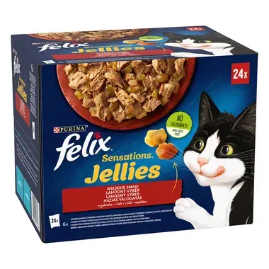 FELIX Sensations Jellies Multipack hovädzie s rajčinami/ kura s mrkvou/ kačica/ jahňacie v och. želé 24x85g