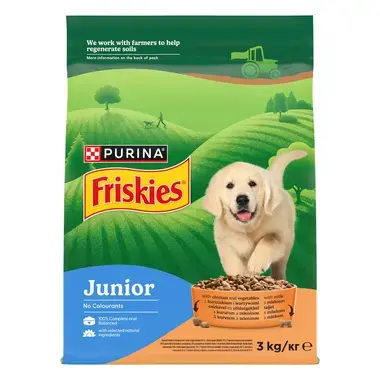 Friskies® Junior s kuraťom a zeleninou s mliekom