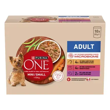 Purina® ONE® Mini Dog Adult kapsičky pre psov kura, hovädzie, jahňacie v šťave