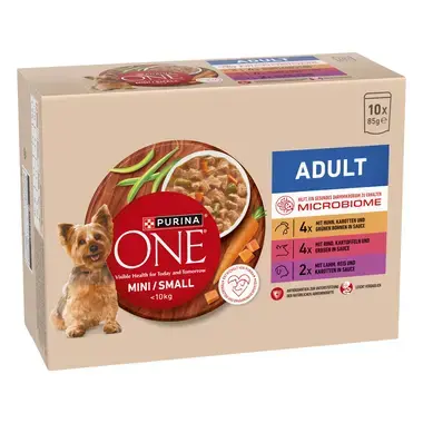 Purina® ONE® Mini Dog Adult kapsičky pre psov kura, hovädzie, jahňacie v šťave
