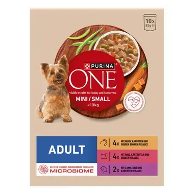 Purina® ONE® Mini Dog Adult kapsičky pre psov kura, hovädzie, jahňacie v šťave