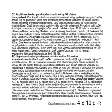 Zadná strana obalu Purina Felix® Deli Moments s kuracím mäsom s informáciami o zložení