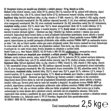 Zadná strana obalu Purina ONE® Medium/Maxi Adult Monoprotein s informáciami o zložení granule pre psov morka s