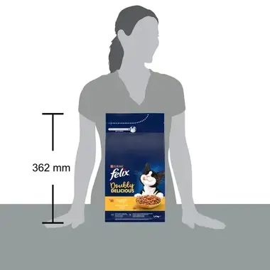 Produkt Felix® Doubly Delicious poměr velikosti k lidskému tělu