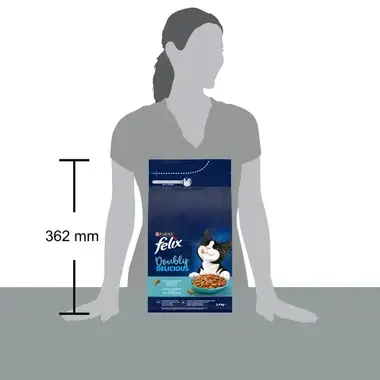 Balenie krmiva Felix® Doubly Delicious 1,4 kg porovnanie velikosti ku lidskému tělu