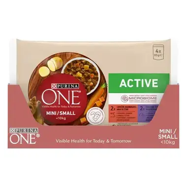 Purina ONE MINI Dog Active Hovädzie a kačica v šťave - predná strana