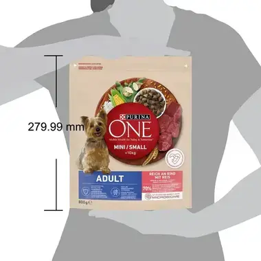 Purina ONE® MINI Adult Dog s hovädzím - porovnanie s výškou človeka