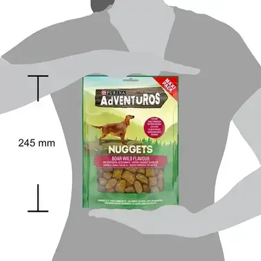 AdVENTuROS® Nuggets s príchuťou diviaka 300 g - porovnanie s výškou človeka