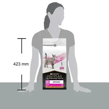 PURINA® PRO PLAN® VETERINARY DIETS UR St/Ox Urinary s kuraťom - porovnanie s veľkosťou ľudskej postavy 