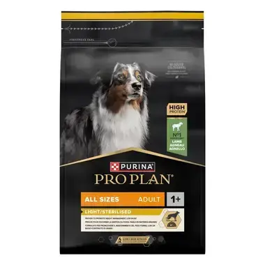 PURINA® PRO PLAN® All Sizes Adult Light Sterilised, granule pre psov s jahňacím - predná strana balenia