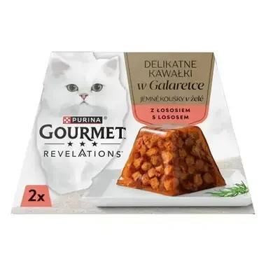 Balenie krmiva Purina Gourmet Revelations, jemné kúsky v želé s lososom, 2 kusy, s biela mačka a kúskami mäsa v želé na tanie