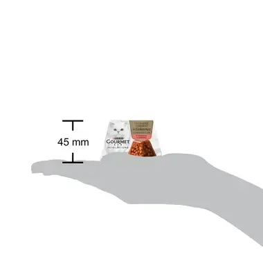 Rozmer balenia Gourmet Revelations s lososom, výška 45 mm, znázornený na dlani.