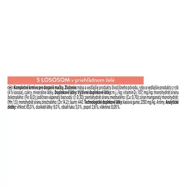 Zloženie krmiva Gourmet Revelations s lososom v priehľadnom želé: kompletné krmivo pre dospelé mačky s 4 % lososa, vlhkosť 83