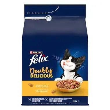 Balenie suchého krmiva pre mačky Purina Felix Doubly Delicious s príchuťou kuraťa a moriaka, 3 kg, s maškrtiacou čiernobielou