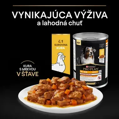 Konzerva PRO PLAN All Size Adult Grain Free s kuracím mäsom, vedľa nej miska s kúskami kuraciny a mrkvy v šťave na čiernom po
