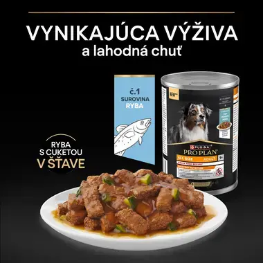 Konzerva PRO PLAN All Size Adult Grain Free s rybou, vedľa nej miska s kúskami ryby a cukety v šťave na čiernom pozadí s nápi