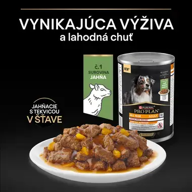 Konzerva PRO PLAN All Size Adult Grain Free s jahňacím mäsom, vedľa nej miska s kúskami jahňaciny a tekvice v šťave na čierno