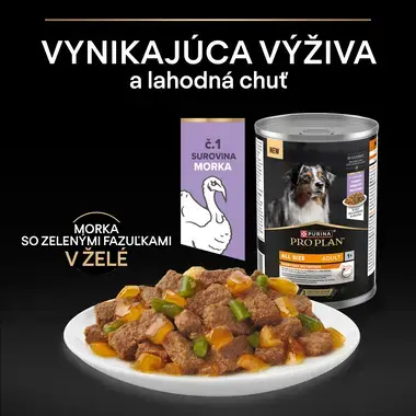 Konzerva PRO PLAN All Size Adult s moriakom a zelenými fazuľkami v želé, vedľa nej miska s kúskami mäsa, zeleninou a želé na 