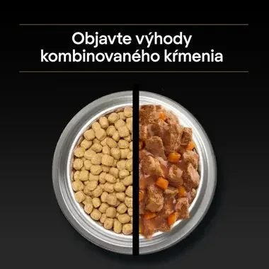 Miska rozdelená na dve polovice: vľavo suché granuly, vpravo mokré kúsky mäsa s mrkvou v omáčke, s nadpisom o výhodách kombin